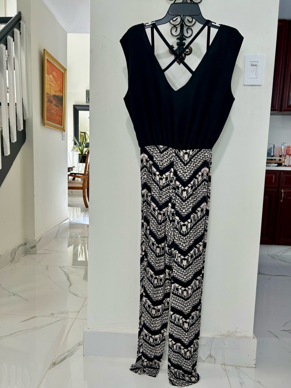 Black & White Patterned Women's Jumpsuit - Sleeveless V-Neck size L